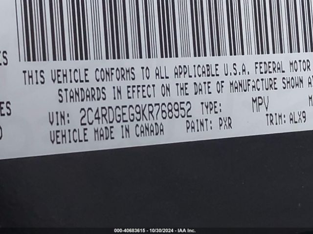 2C4RDGEG9KR768952 Dodge Grand Caravan Gt