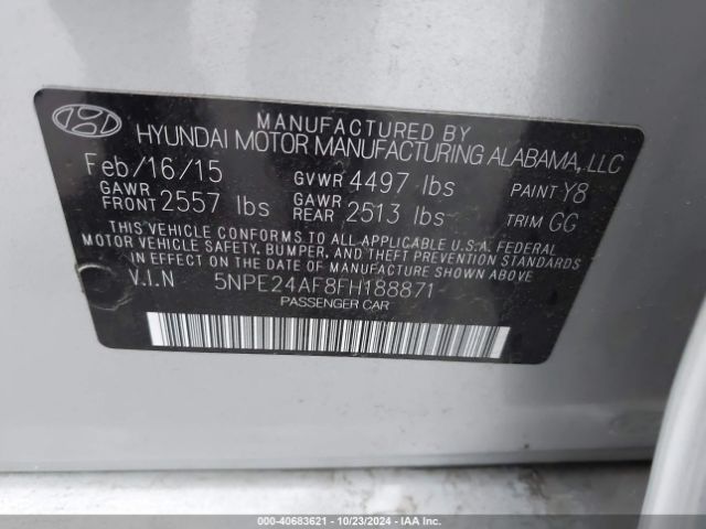 5NPE24AF8FH188871 Hyundai SONATA SE