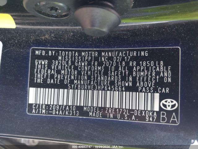 5YFBURHE3HP645664 Toyota COROLLA L