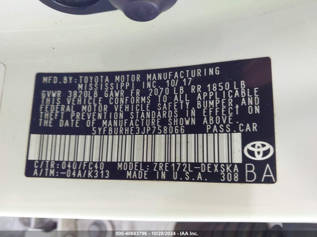 Toyota COROLLA SE 2018 5YFBURHE3JP758066 Image 9