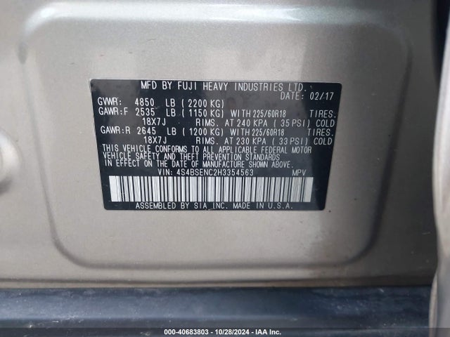 4S4BSENC2H3354563 Subaru Outback 3.6r Limited