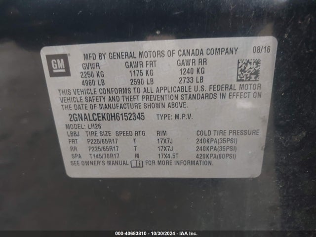 Chevrolet EQUINOX LT 2017 2GNALCEK0H6152345 Image 9