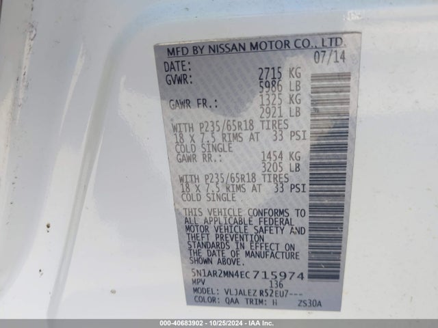 Nissan Pathfinder Sv 2014 5N1AR2MN4EC715974 Image 9