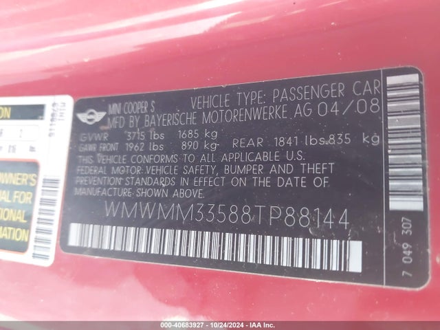 2008 MINI COOPER S CLUBMAN WMWMM33588TP88144 Photo 8