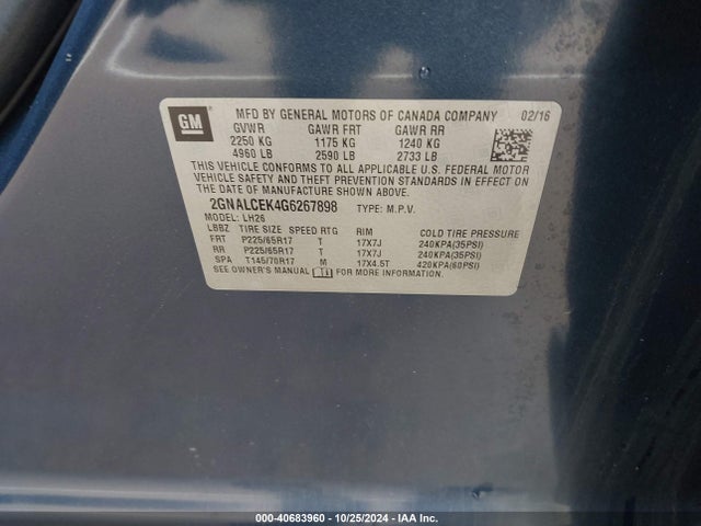 Chevrolet EQUINOX LT 2016 2GNALCEK4G6267898 Image 9