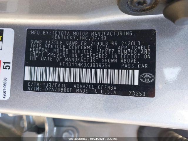 4T1B11HK3KU838354 Toyota CAMRY LE