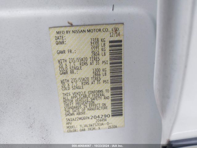 5N1AZ2MG6FN204290 Nissan Murano Platinum