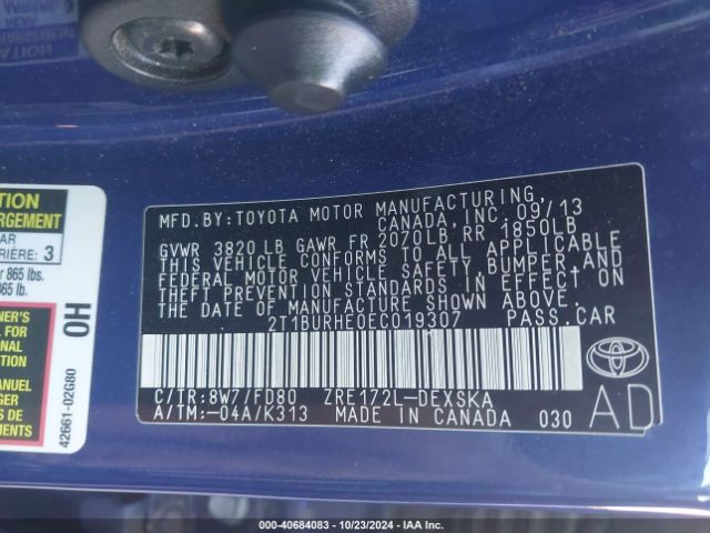 2T1BURHE0EC019307 Toyota Corolla S Plus