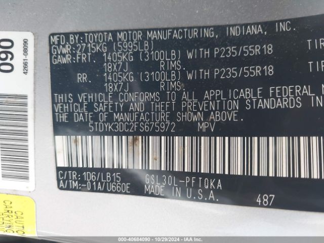 5TDYK3DC2FS675972 Toyota Sienna Limited Premium 7 Passenger