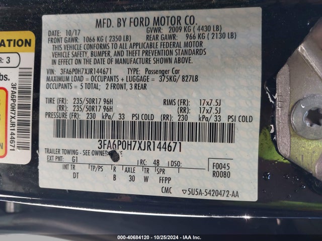 Ford FUSION SE 2018 3FA6P0H7XJR144671 Image 9
