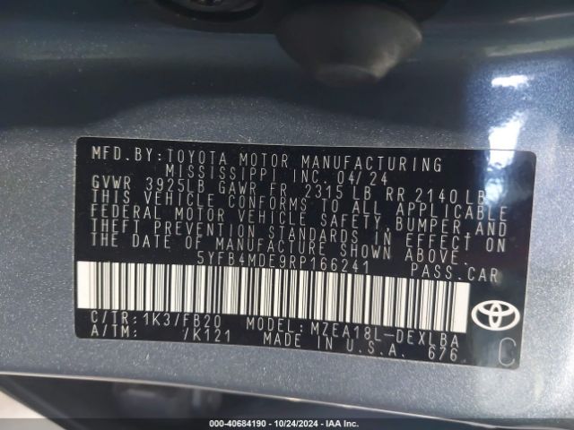 5YFB4MDE9RP166241 Toyota COROLLA LE