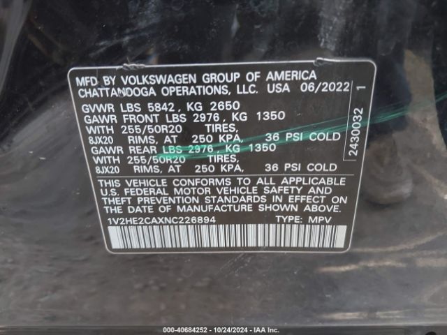 1V2HE2CAXNC226894 Volkswagen Atlas Cross Sport 3.6l V6 Se W/technology