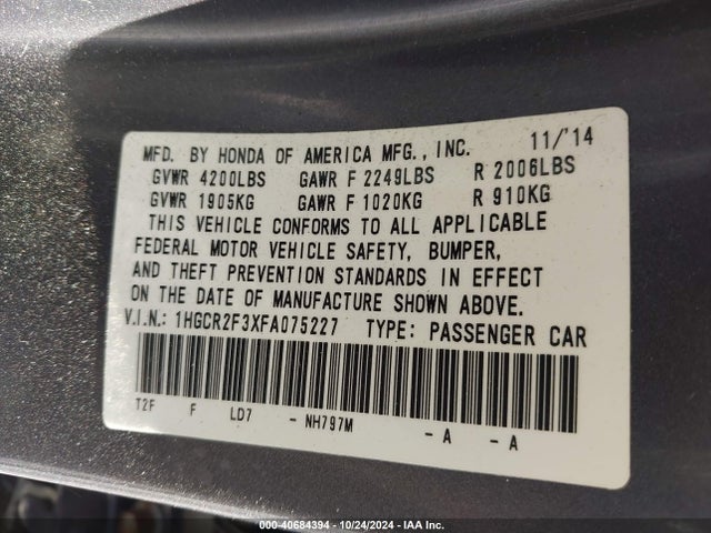 Honda ACCORD LX 2015 1HGCR2F3XFA075227 Image 9