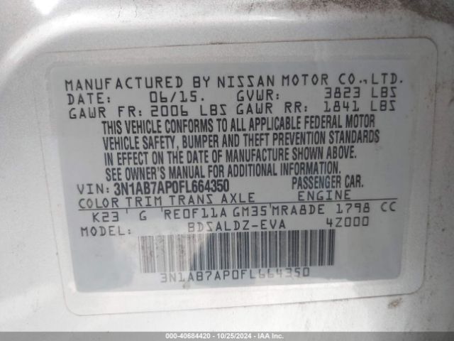 3N1AB7AP0FL664350 Nissan Sentra Fe+ S/s/sl/sr/sv