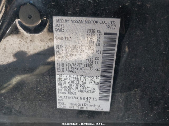 Nissan ROGUE SV 2017 5N1AT2MT2HC894715 Image 9