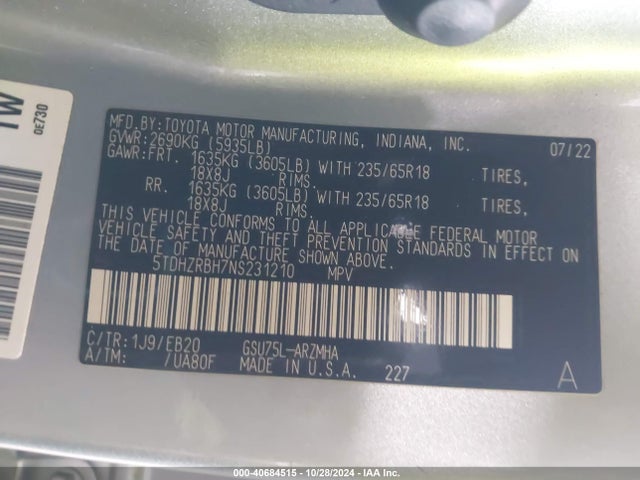 Toyota Highlander Xle 2022 5TDHZRBH7NS231210 Image 9
