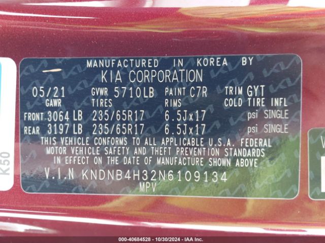 KNDNB4H32N6109134 KIA Carnival Mpv Lx Seat Package