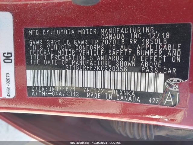 Продажа на аукционе авто 2019 Toyota Corolla Le, vin: 2T1BURHE7KC220956, номер лота: 40684548