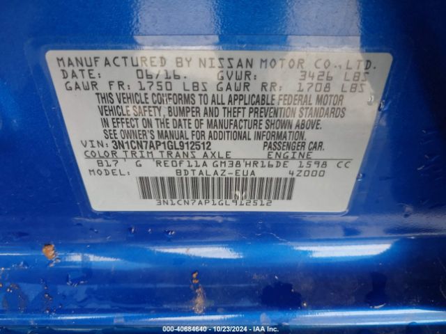 3N1CN7AP1GL912512 Nissan Versa 1.6 S+
