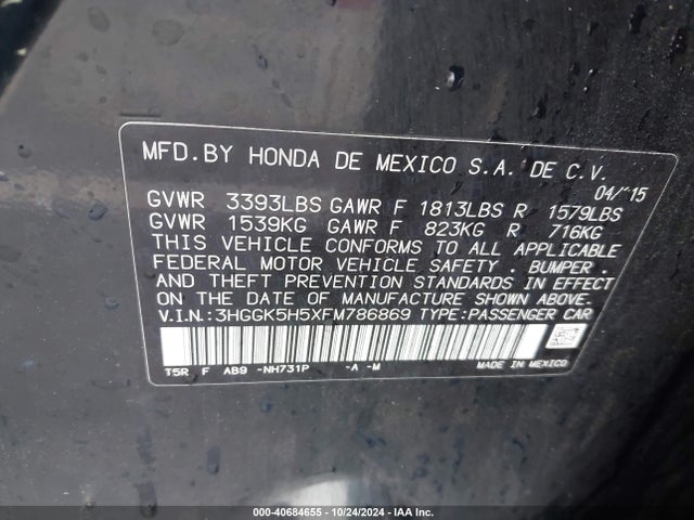 Honda FIT LX 2015 3HGGK5H5XFM786869 Image 9