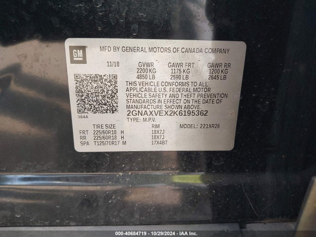 Chevrolet EQUINOX LT 2019 2GNAXVEX2K6195362 Image 9