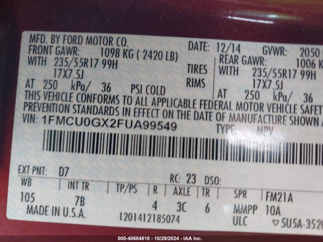 Ford ESCAPE SE 2015 1FMCU0GX2FUA99549 Image 9