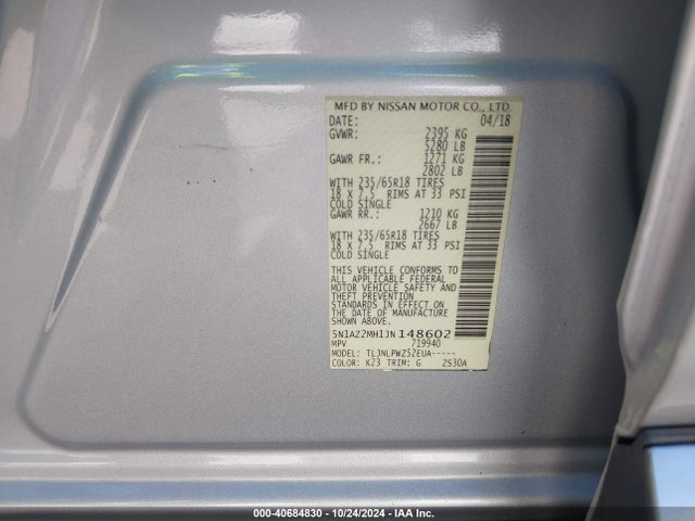 Nissan MURANO S 2018 5N1AZ2MH1JN148602 Image 9