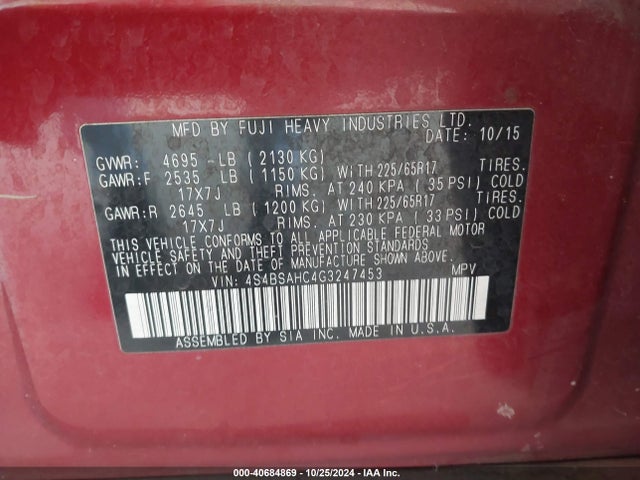 Subaru Outback 2.5i Premium 2016 4S4BSAHC4G3247453 Image 9