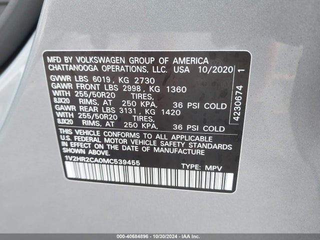 1V2HR2CA0MC539455 Volkswagen Atlas 3.6l V6 Se W/technology