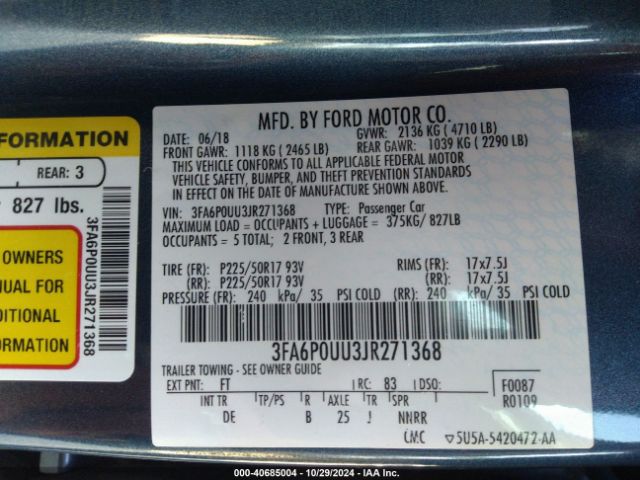 3FA6P0UU3JR271368 Ford Fusion Hybrid S