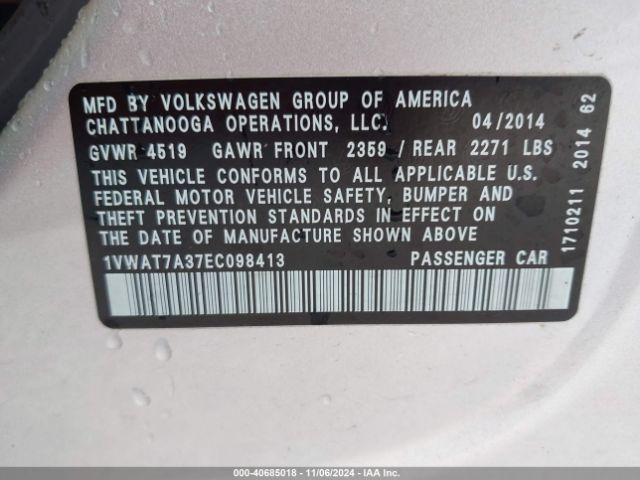 1VWAT7A37EC098413 Volkswagen Passat 1.8t Wolfsburg Edition