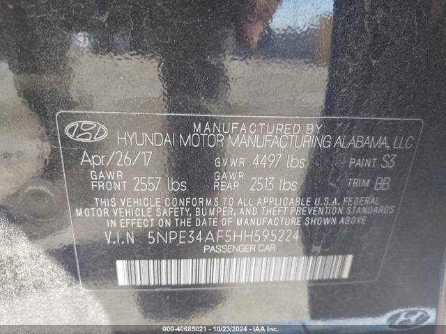 Hyundai Sonata Limited 2017 5NPE34AF5HH595224 Image 9