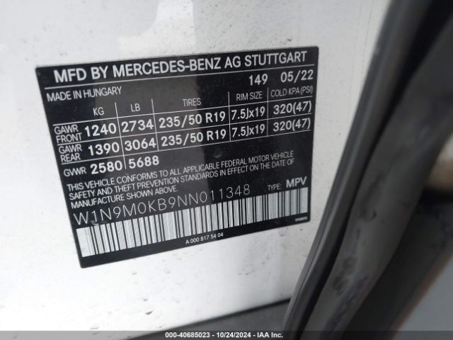 W1N9M0KB9NN011348 Mercedes-Benz Eqb 300 Suv 4matic