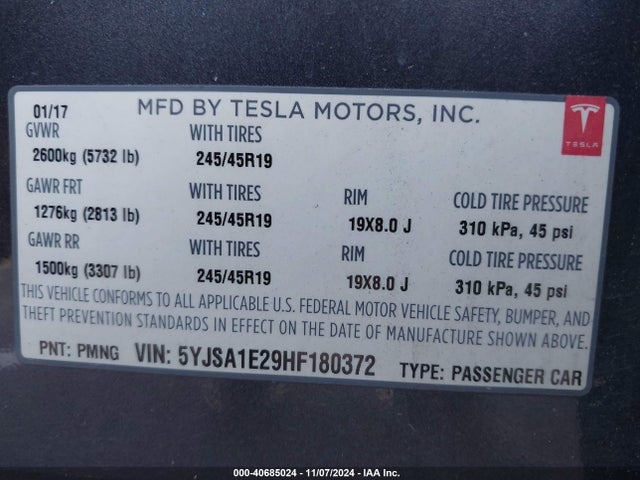 2017 TESLA MODEL S 5YJSA1E29HF180372 Photo 8