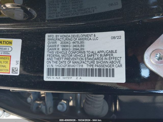 1HGCV2F36NA017318 Honda Accord Sport 2.0t