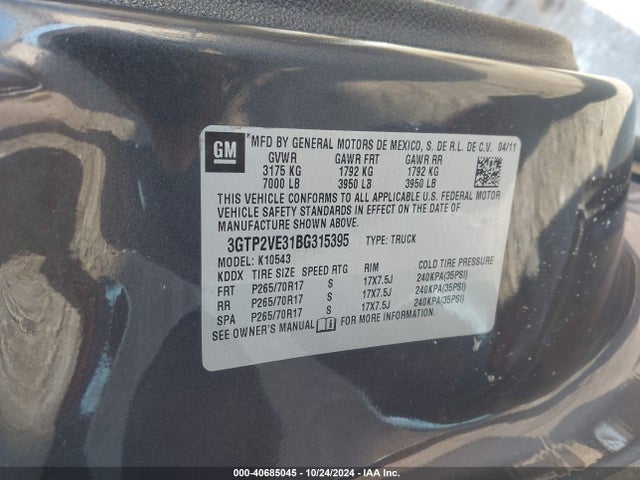 2011 Gmc Sierra 1500 Sle მანქანა იყიდება აუქციონზე, vin: 3GTP2VE31BG315395, აუქციონის ნომერი: 40685045