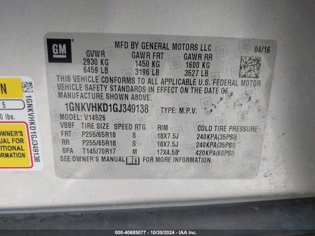 Chevrolet Traverse 2lt 2016 1GNKVHKD1GJ349138 Image 9