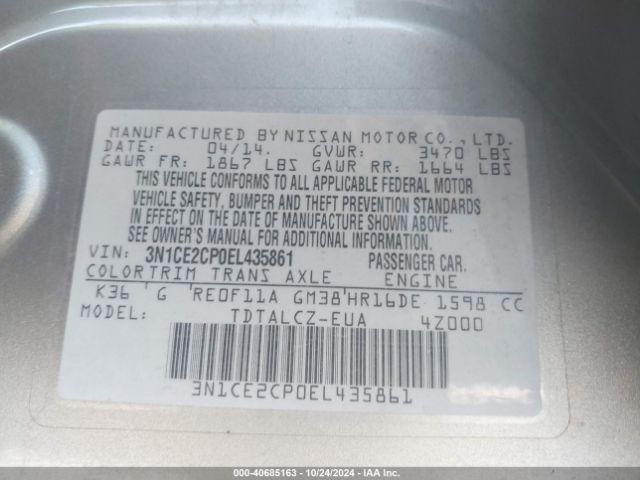 3N1CE2CP0EL435861 Nissan Versa Note S Plus