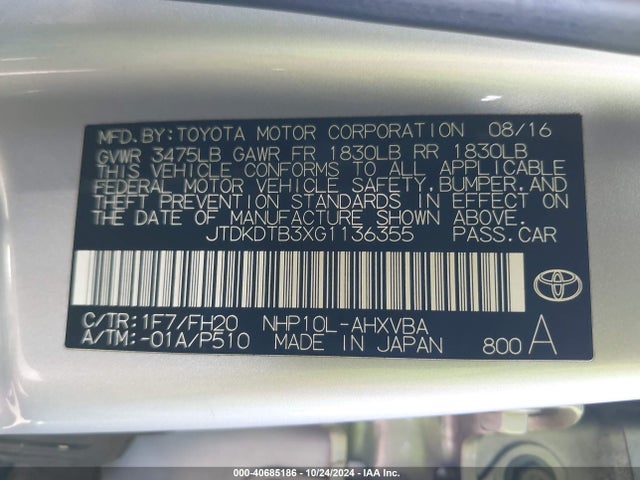 JTDKDTB3XG1136355 Toyota Prius C One