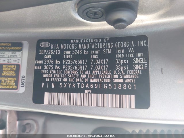 KIA SORENTO LX 2014 5XYKTDA69EG518801 Image 9