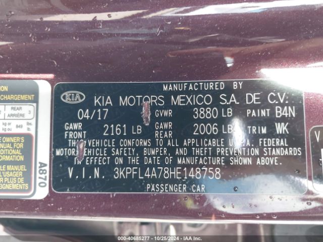 3KPFL4A78HE148758 KIA FORTE LX