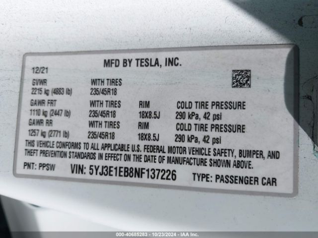 5YJ3E1EB8NF137226 Tesla Model 3 Long Range Dual Motor All-wheel Drive