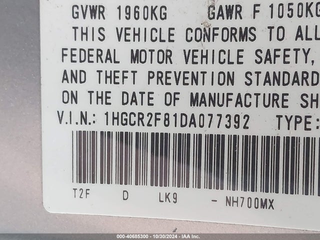 40685300 :رقم المزاد ، 1HGCR2F81DA077392 vin ، 2013 Honda Accord Ex-l مزاد بيع