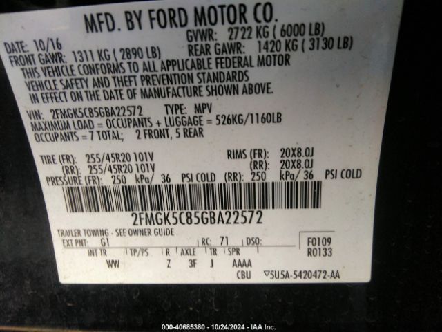 2FMGK5C85GBA22572 Ford FLEX SEL