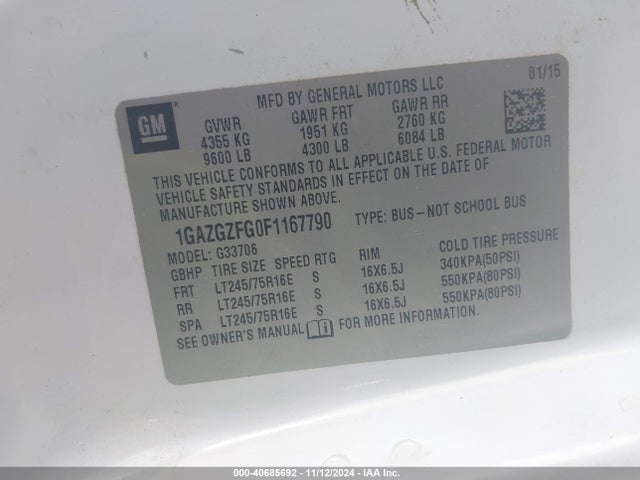 Chevrolet Express 3500 Ls 2015 1GAZGZFG0F1167790 Image 9