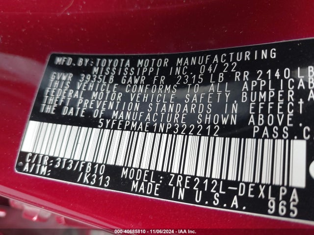 Toyota COROLLA LE 2022 5YFEPMAE1NP322212 Image 9