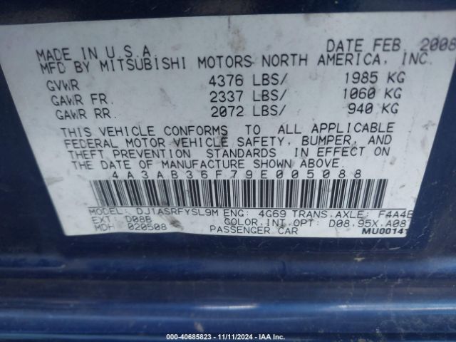 2009 MITSUBISHI GALANT 4A3AB36F79E005088 Photo 8
