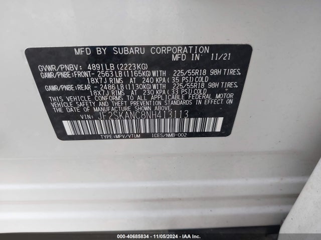Aukcja sprzedaży 2022 Subaru Forester Limited, vin: JF2SKANC8NH413113, numer aukcji: 40685834