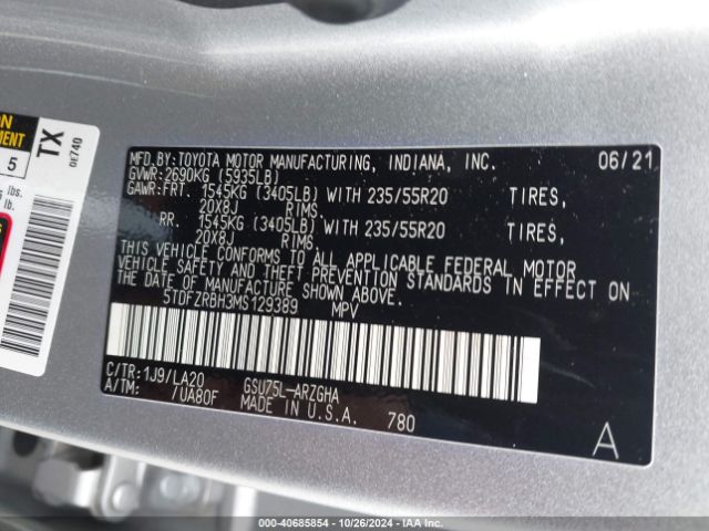 5TDFZRBH3MS129389 Toyota Highlander Platinum