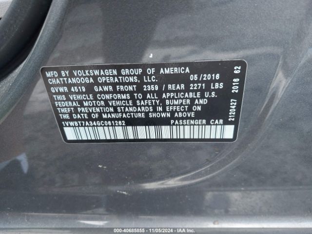 1VWBT7A34GC061262 Volkswagen Passat 1.8t Se